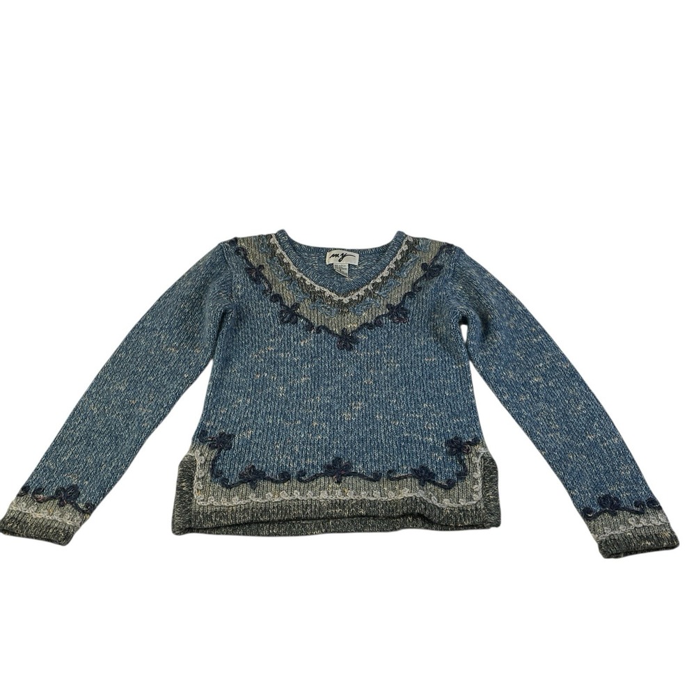 Vintage MY Blue Pullover Sweater V-Neck Flecked Yarn Cottagecore Size S‎